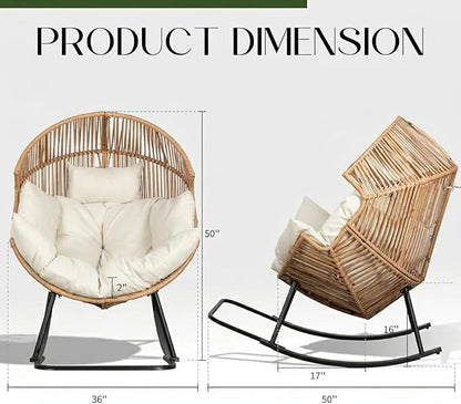 Oversized Outdoor Rocking Chair Set of 2, Wicker Egg Patio Lounge Chair Basket Seat with Thick Cushion, All Weather Indoor Outdoor Porch Rockers for Balcony, Living Room, Lawn Garden