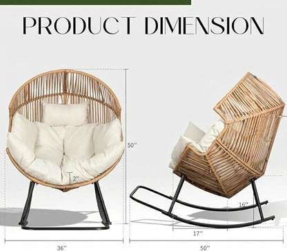 Oversized Outdoor Rocking Chair, Wicker Egg Patio Lounge Chair Basket Seat with Thick Cushion, All Weather Indoor Outdoor Porch Rockers for Balcony, Living Room, Lawn Garden