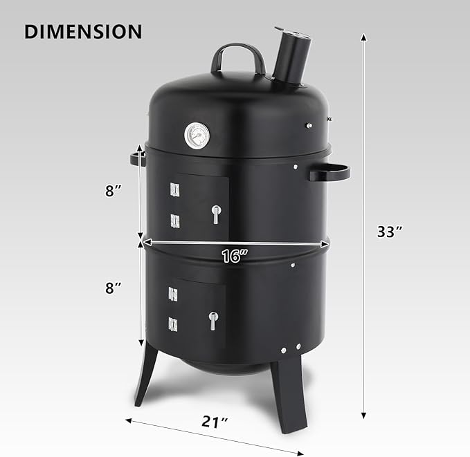 16 Inch Multi-Layer Charcoal BBQ Smoker Grill, Heavy Duty Round Grill, Vertical Smoker with Thermometer, for Outdoor Cooking, Patio, Parties, Backyard