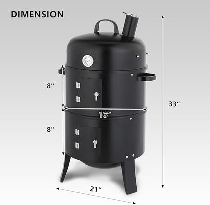 16 Inch Multi-Layer Charcoal BBQ Smoker Grill, Heavy Duty Round Grill, Vertical Smoker with Thermometer, for Outdoor Cooking, Patio, Parties, Backyard