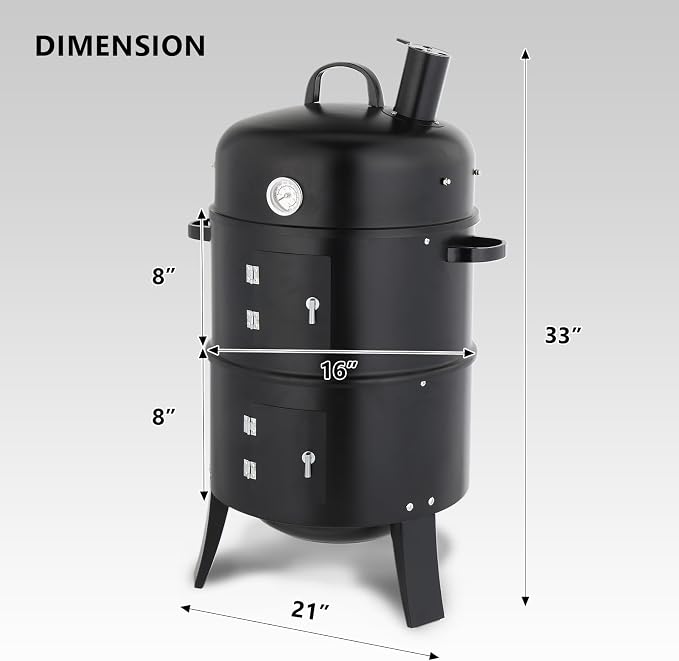 Vertical Charcoal Grill & Smoker for Backyard BBQ, Outdoor Cooking with Chimney and Powder-Coated Iron, Compact Barrel-Style Design, Black