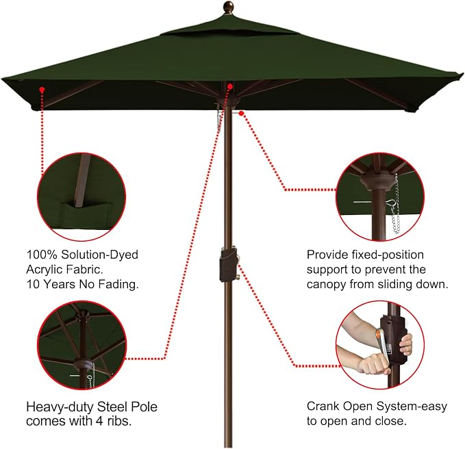 EliteShade USA 10-Year-Non-Fading 6x6Ft Square Market Patio Umbrella, UPF 50+ UV Protection Performance Sun Umbrella, Heavy Duty Commercial Grade Outdoor Table Umbrella with Crank, Windproof Vented Top for Garden, Pool, Deck and Outdoor Playsets, Fern