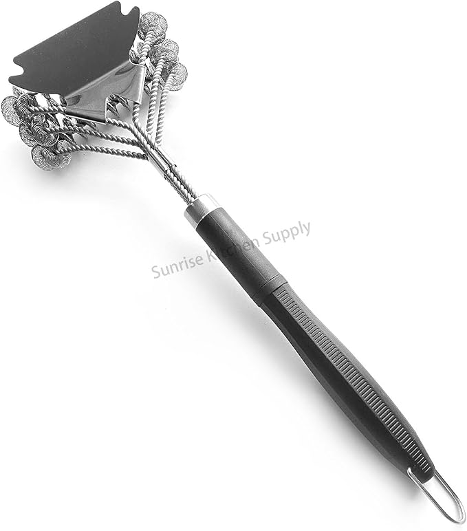 SUNRISE High Grade Stainless Steel BBQ Grill Brush with Scraper, Bristle Free, Extra Strong 3 Rows Brush Head, Bristle Free Design