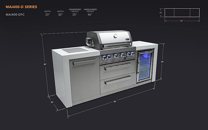 Mont Alpi 82"W x 23"D x 46"H Deluxe Stainless Steel Modular Outdoor Kitchen Island with Refrigerator + 32"W 4-Burner BBQ Gas Grill + Side Burner + Granite Countertops + Storage Cabinets and Drawers