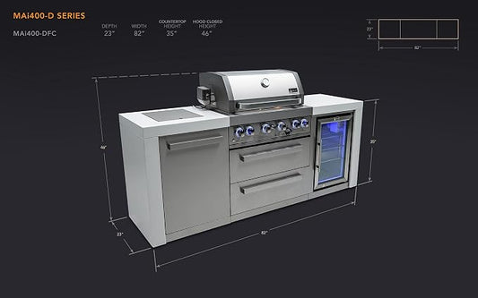 Mont Alpi MAi400-DFC-NG 4-Burner 78000 BTU Deluxe Stainless Steel Modular Outdoor Kitchen Island Grill with MANGK Natural Gas Conversion Kit + Fridge Cabinet, Granite Countertops & 2 Infrared Burners