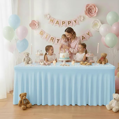 4 Pack Baby Blue Spandex Table Covers 8ft Rectangle Ruffle Skirts for Party | Elastic Table Covers 8 Foot, Pleated Fitted Table Cloths, Wrinkle Resistant Elegant Table Skirts Wedding, Banquets