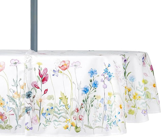 Zipper Tablecloth with Umbrella Hole for Patio Table, Waterproof Polyester Outdoor Table Cover, Easy Install Split Design, Wind Resistant, Multiple Patterns for Picnic, BBQ & Garden
