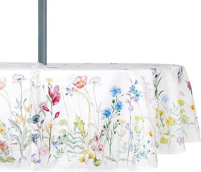 Oval Outdoor Tablecloth with Umbrella Hole and Zipper, Patio Table Covers for Spring/Summer, Machine Washable Outdoor Party/Picnic Oval Table Cloth 54 X 72 Inches