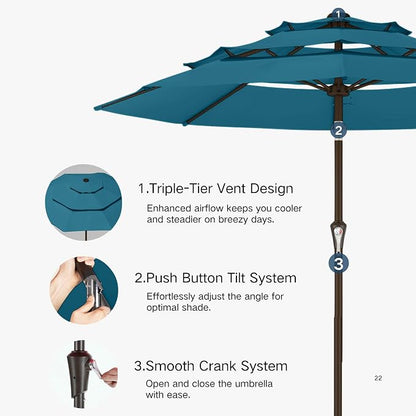 Kingdura 9ft 3-Tier Patio Umbrella, Outdoor Table Umbrella with Easy Crank & Tilt, 8 Reinforced Ribs, UV Protection for Deck, Pool, Market, Backyard (Lake blue)