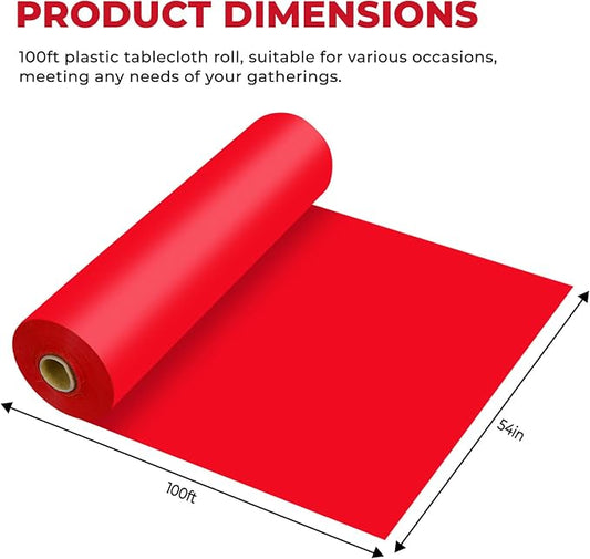 54 Inch X 100 Feet Plastic Table Cover Roll Premium Disposable Plastic Tablecloth for All Type/Shape Tables | Picnic, Party, Banquet, Birthdays, Weddings (Red, 54 Inch X 100 Feet)