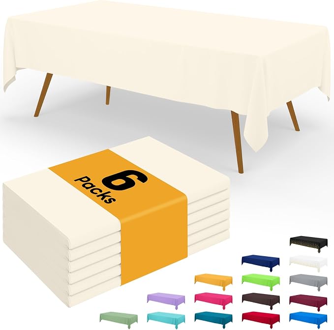 Smiry Disposable Table Cloth - 6 Pack, 54 x 132 Inch Waterproof Rectangle Tablecloths for Parties, Decorative Plastic Table Cover, Leakproof & Sturdy, Beige