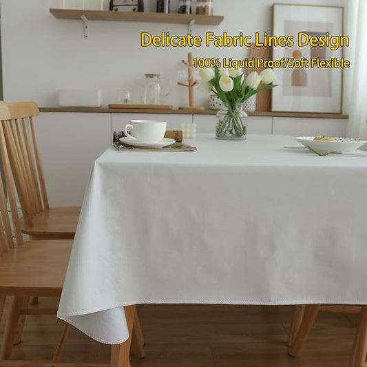 LIBERECOO Vinyl Tablecloth with Flannel Backing, Solid White, Waterproof, Stain-Resistant, Easy-Clean Table Cover for Dining, Kitchen, and Outdoor Use, 60" x 120" Rectangle