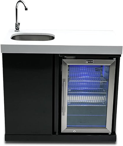 Mont Alpi Premium 38"W x 23"D x 46"H Black Stainless Steel Outdoor Beverage Center Module with 2.7 Cu. Ft. Glass Door Refrigerator + Faucet & Sink Combo + Storage Cabinet + White Granite Countertops