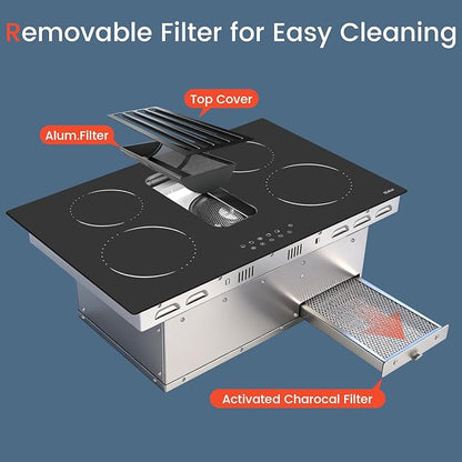 Hobsir Electric Cooktop 30 Inch with Downdraft, 4 Burner Radiant Cook top 6000W, Ductless Downdraft Electric Cooktop 496m³/h, 30” Stove Top with 9 Power Level, Timer, Safety Lock, 220V