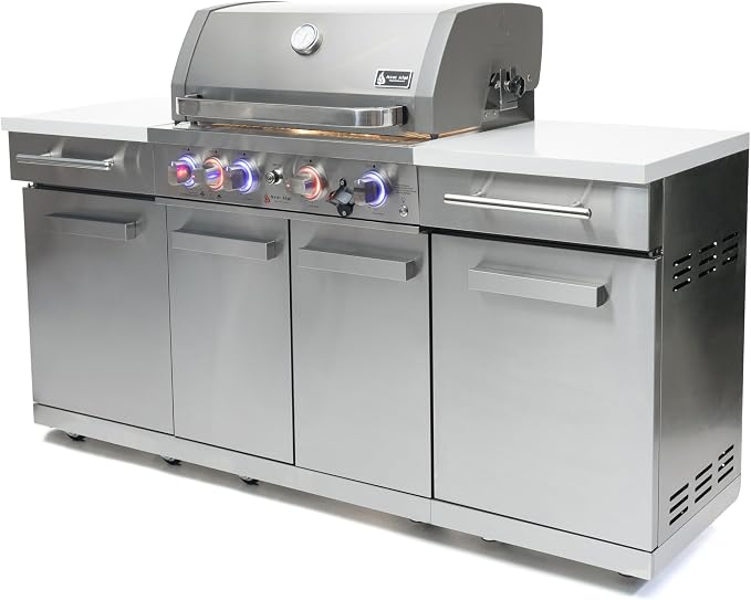 Mont Alpi Premium 70"W x 24"D x 46"H Stainless Steel Outdoor Kitchen Island + 32"W 4-Burner BBQ Grill with Infrared Burner + Storage Cabinets + White Granite Countertops + Natural Gas Conversion Kit