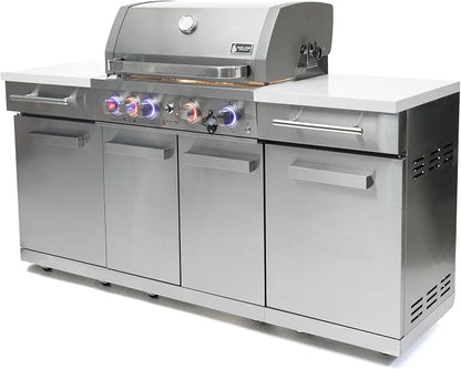 Mont Alpi Premium 70"W x 24"D x 46"H Stainless Steel Outdoor Kitchen Island + 32"W 4-Burner BBQ Grill with Infrared Burner + Storage Cabinets + White Granite Countertops + Natural Gas Conversion Kit