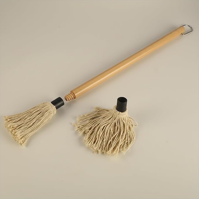 18.3 Inch BBQ Mop Brushes for Sauce, Grill Basting Mop Wooden Long Handle BBQ Mop with 1 Extra Replacement Heads for BBQ Grilling Smoking Steak
