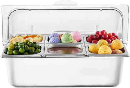 VEVOR Countertop Food Serving Display Container, 6 Pan Stainless Steel Food Serving Tray, Buffet Condiment Dispenser Display Rack with Clear Lid & 3 Freezer Boxes, for Restaurant Hotel Kitchen Party