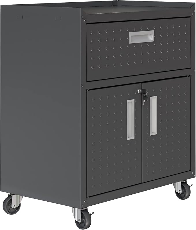 Manhattan Comfort Fortress Rolling Garage Storage Cabinet with Drawer & Adjustable Shelves, Lockable Metal Compartment for Tools, Heavy-Duty Mobile Utility Organizer with Wheels, Charcoal Gray