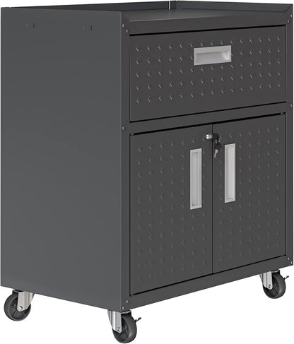 Manhattan Comfort Fortress Rolling Garage Storage Cabinet with Drawer & Adjustable Shelves, Lockable Metal Compartment for Tools, Heavy-Duty Mobile Utility Organizer with Wheels, Charcoal Gray
