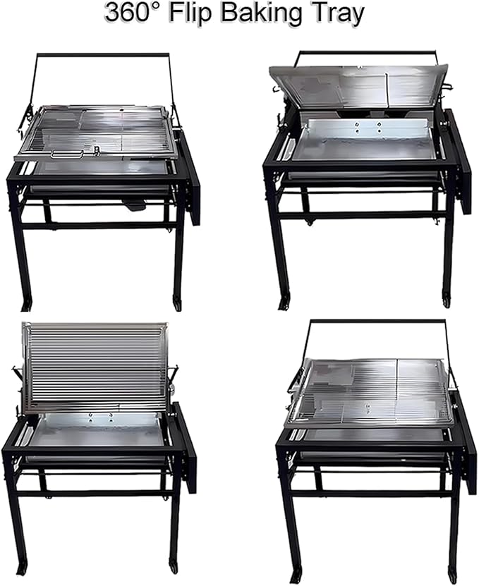 Flipping Charcoal Grill with Wheels, 360° Rotating BBQ Cooking Grid Stand-up Grills, Heavy Duty Square Outdoor Detachable Portable Grillfor Camping Garden Commercial Barbeque