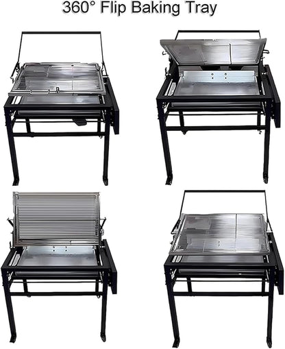 Flipping Charcoal Grill with Wheels, 360° Rotating BBQ Cooking Grid Stand-up Grills, Heavy Duty Square Outdoor Detachable Portable Grillfor Camping Garden Commercial Barbeque
