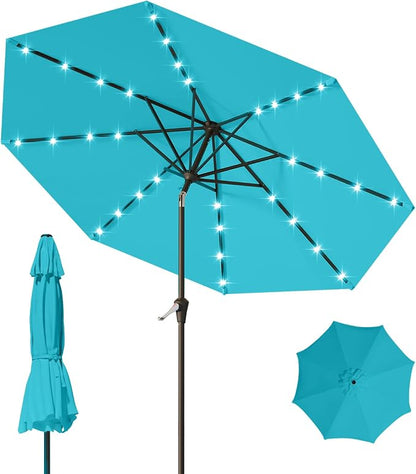 9FT Patio Umbrella with Solar Lights,Outdoor Market Umbrella with Tilt and Crank, LED Lighted Table Umbrella for Garden,Deck,Backyard,Pool,Beach (Light Blue)