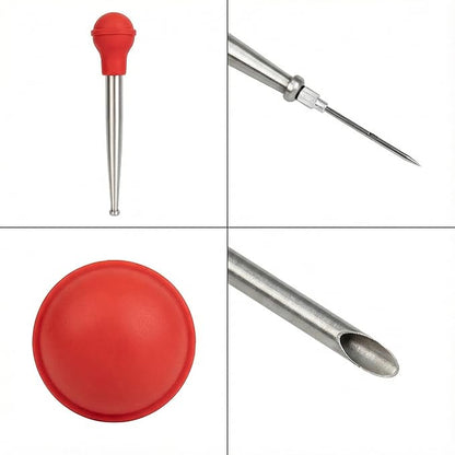 Upgraded Large Turkey Baster with Silicone Brush, Stainless Steel Heavy Duty Baster Syringe for Meat Cooking with Cleaning Brush & 2 Detachable Needles (Red)