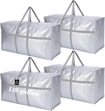 4 Pcs 149 Gallon Extra Large Moving Bags Heavy Duty Storage Bag with Strong Zipper Handle Foldable XXL Jumbo Storage Tote Packing Moving Box for College Dorm Travel Cloth Duffle (Silver)
