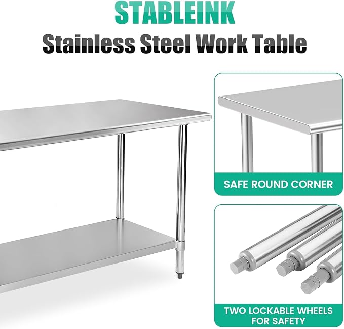 STABLEINK Stainless Steel Table with Backsplash 48x30 Inches 4ft for Prep | NSF Certified Metal Work Table Workbench with 1.5” Backsplash for Commercial Kitchen Restaurant Hotel Laundry Garage Chef