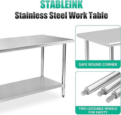 STABLEINK Stainless Steel Table with Backsplash 48x30 Inches 4ft for Prep | NSF Certified Metal Work Table Workbench with 1.5” Backsplash for Commercial Kitchen Restaurant Hotel Laundry Garage Chef