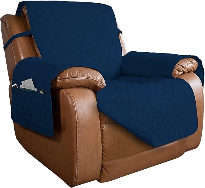 PureFit Reversible Quilted Oversized Recliner Sofa Cover, Water Resistant Furniture Protector, Washable Couch Cover with Elastic Straps for Kids, Pets (Large, Classic Navy/Navy) | Navy/Navy, Water Resistant Couch Protector, Washable Pet Couch Cover wit...
