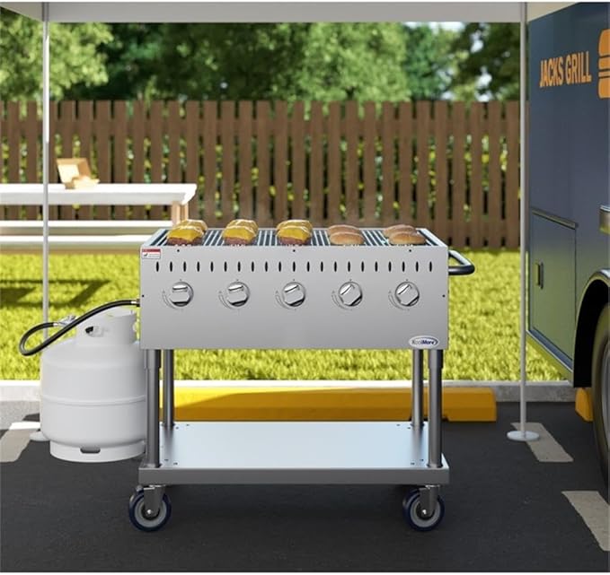 Pemberly Row 36" Commercial Mobile Outdoor Propane BBQ Grill, Stainless Steel Flat Top with 5 Burners, Heavy Duty Rolling Griddle