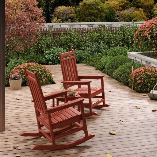 Garvee HDPE Rocking Chair Outdoor Set of 2 with Side Table - Poly High Back Porch Rocker Chairs for Adults - All Weather Resistant Furniture for Patio Front Porch - Red