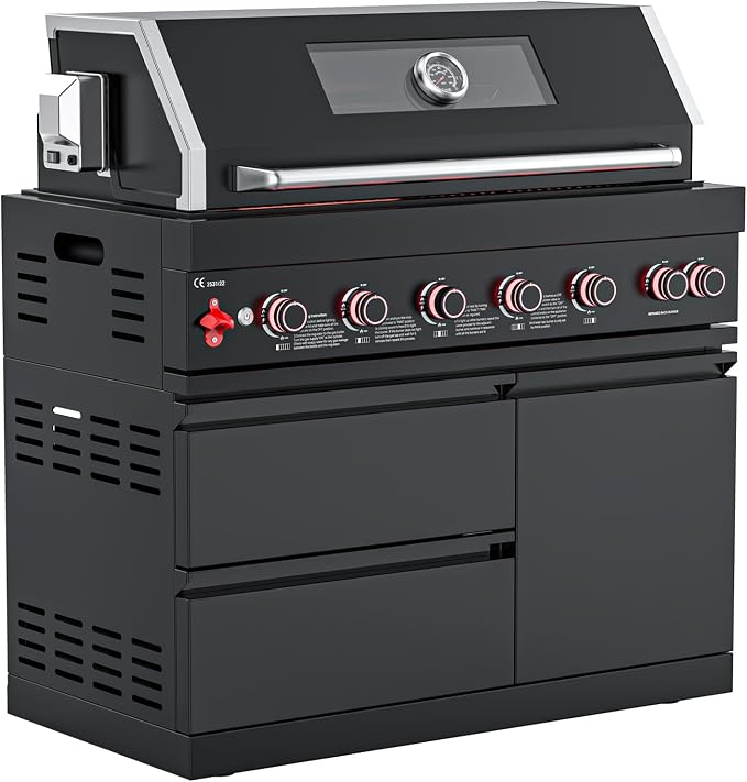 6-Burner Propane Modular Outdoor Kitchen Grill Module, 87900 BTU Black Stainless Steel BBQ for Patio Island and Family Feasts Large Backyard Entertaining LPG