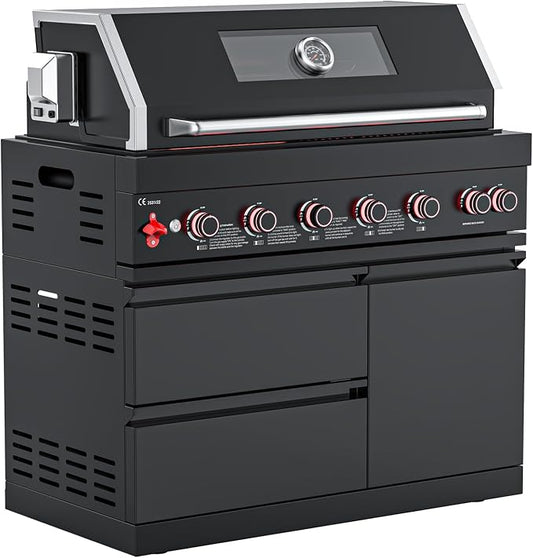 6-Burner Propane Modular Outdoor Kitchen Grill Module, 87900 BTU Black Stainless Steel BBQ for Patio Island and Family Feasts Large Backyard Entertaining LPG