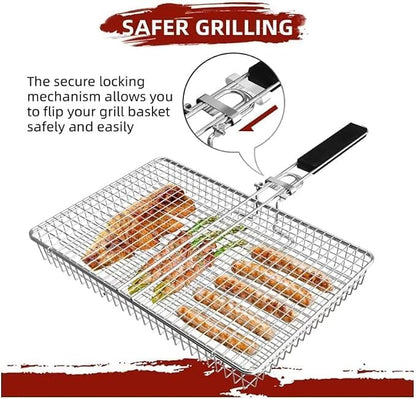 Grill Basket Large Portable Folding BBQ Camping Grilling Rack for Fish, Vegetables, Shrimp, Barbeque Griller Cooking Accessories, Grilling Gifts