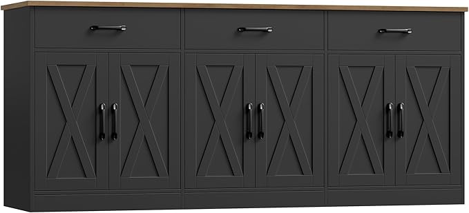 HOSTACK 71" Large Sideboard Buffet Cabinet with Storage, Farmhouse Coffee Bar Cabinet with 3 Drawers, Long Kitchen Buffet Table, Kitchen Sideboard Storage Cabinet for Dining Room, Living Room, Black