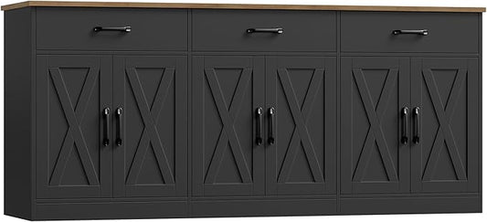 HOSTACK 71" Large Sideboard Buffet Cabinet with Storage, Farmhouse Coffee Bar Cabinet with 3 Drawers, Long Kitchen Buffet Table, Kitchen Sideboard Storage Cabinet for Dining Room, Living Room, Black
