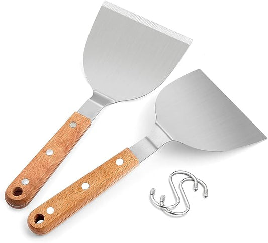 Metal Spatulas, HaSteeL Stainless Steel Griddle Spatula Turners with Wooden Handles, Professional Griddle Tools for Flat Top Teppanyaki Skillet Cast Iron Cooking Indoor & Outdoor - 2 Packs