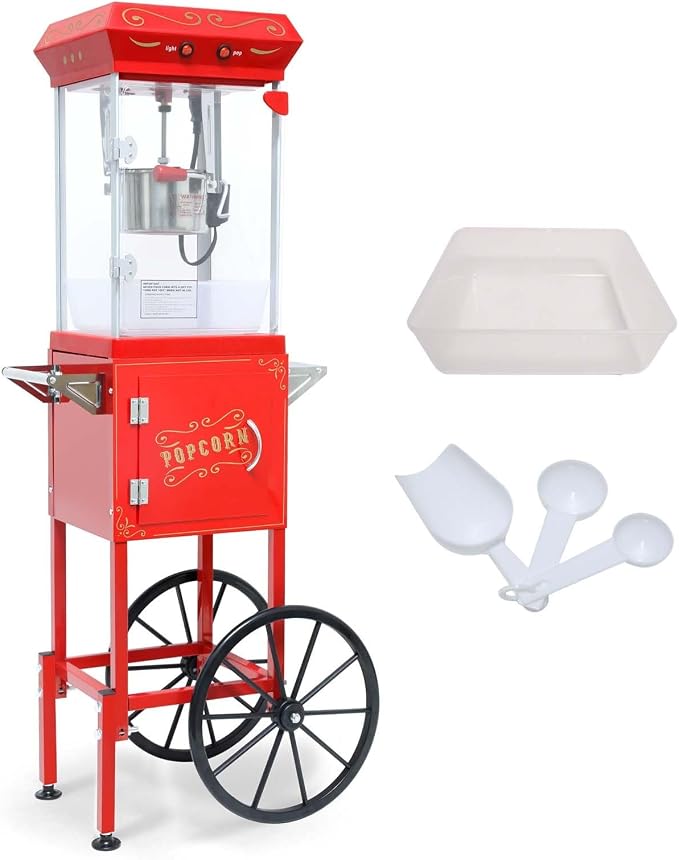 Popcorn Machine with Cart, 6 Oz Kettle, Mobile Popcorn Maker for 32 Cups per Batch, Nostalgia Movie Theater Style, Vintage Bar Style Popcorn Machine with Lockers for Home & Events, Red