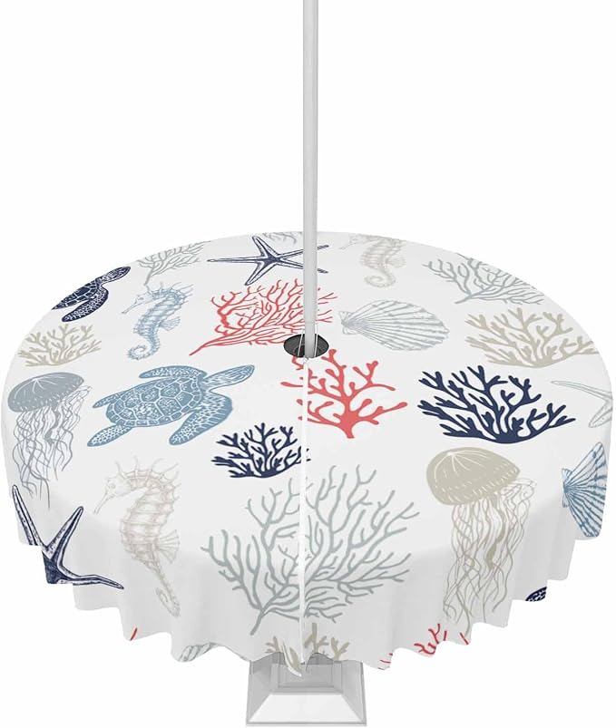 Blue Red Coastal Outdoor Tablecloth - 60 Inch Round Waterproof Dining Table Cover, Nautical Summer Beach Coral Sea Turtle Outdoor Table Cloth with Umbrella Hole & Zipper for Picnic/Patio