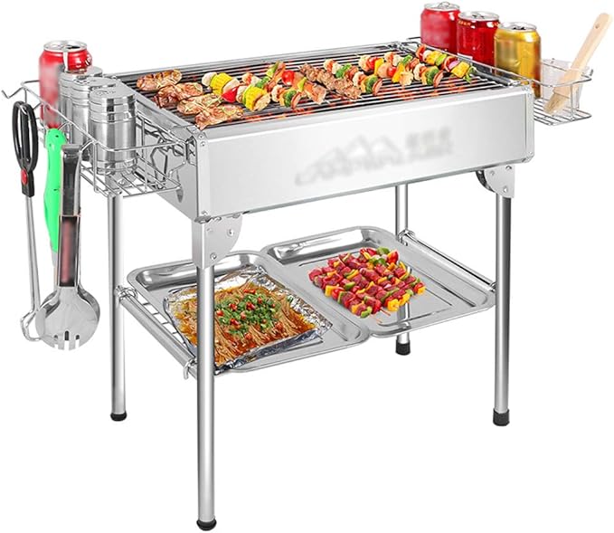 Portable Charcoal Grill Foldable BBQ Grills Outdoor Cooking Charcoal Barbeque for Picnic Camping Patio Backyard Cooking - with Non-Stick Frying pan