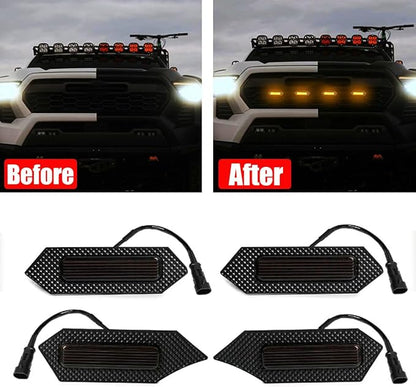4Pcs Front Bumper Led Grille Lights Kit Smoked Lens Housing Amber for 2024 Toyota Tacoma TRD Series & Trailhunter Model Grilles (Black Shell)