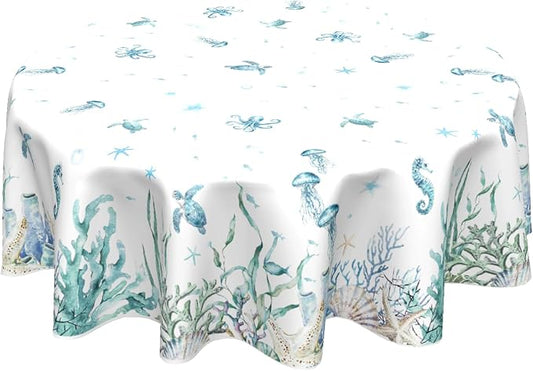Summer Sea Turtle Jellyfish Table Cloth Round Blue Ocean Theme Nautical Coastal Tablecloth 60 Inch Decor Washable Stain and Wrinkle Resistant Round Table Cover for Dining Party Picnic