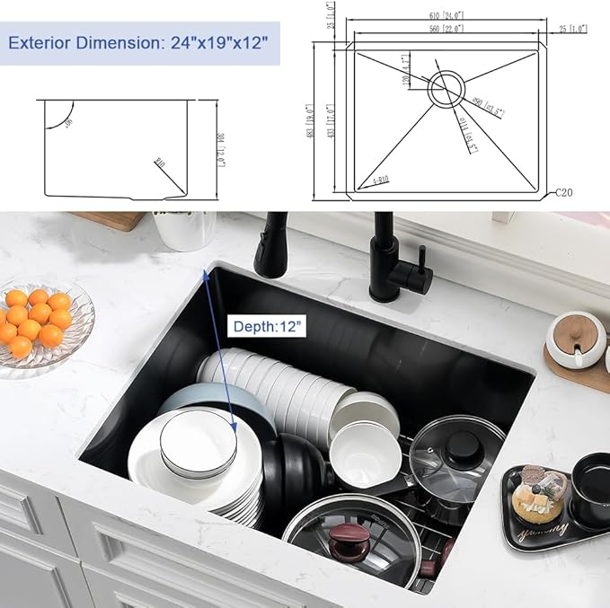 Black Stainless Steel Undermount Laundry Sink-Hovheir 24x19x12 Deep Undermount Stainless Steel Utility Sink Matte Black 16 Gauge Single Bowl Laundry Room Sinks Outdoor