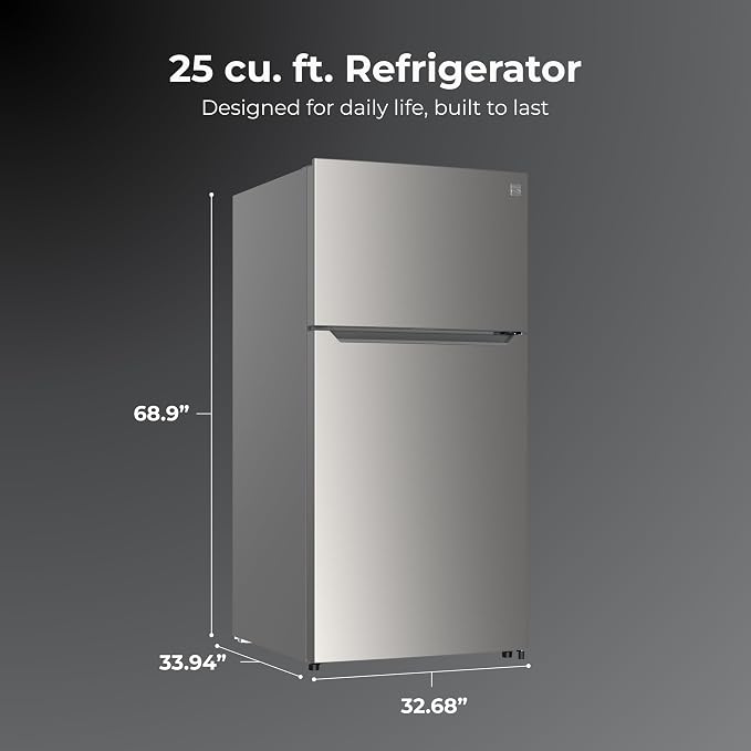 Kenmore 25 cu. ft. 33" Wide Top Mount Refrigerator - FPR Stainless Steel | Adjustable Glass Shelving, Crisper Drawers, Gallon Door Bins, LED Lighting, Fingerprint Resistant SS, ENERGY STAR Certified