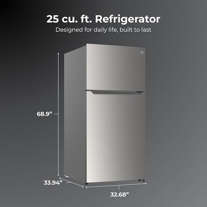 Kenmore 25 cu. ft. 33" Wide Top Mount Refrigerator - FPR Stainless Steel | Adjustable Glass Shelving, Crisper Drawers, Gallon Door Bins, LED Lighting, Fingerprint Resistant SS, ENERGY STAR Certified