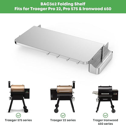 Stanbroil Stainless Steel Folding Front Shelf for Traeger Pro 22, Pro 575 & Ironwood 650 Series, Upgraded with Caddy Organizer, Paper Towel Holder & Hook Replacement for BAC362 Shelf