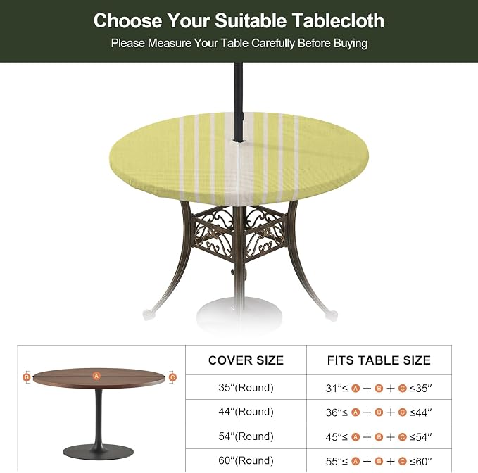 Outdoor Fitted Tablecloth with Umbrella Hole and Zipper, Yellow Beige Striped Elastic Round Patio Table Cover, Farmhouse Retro Lines Modern Windproof Table Protector for Backyard BBQ Party 55''-60''